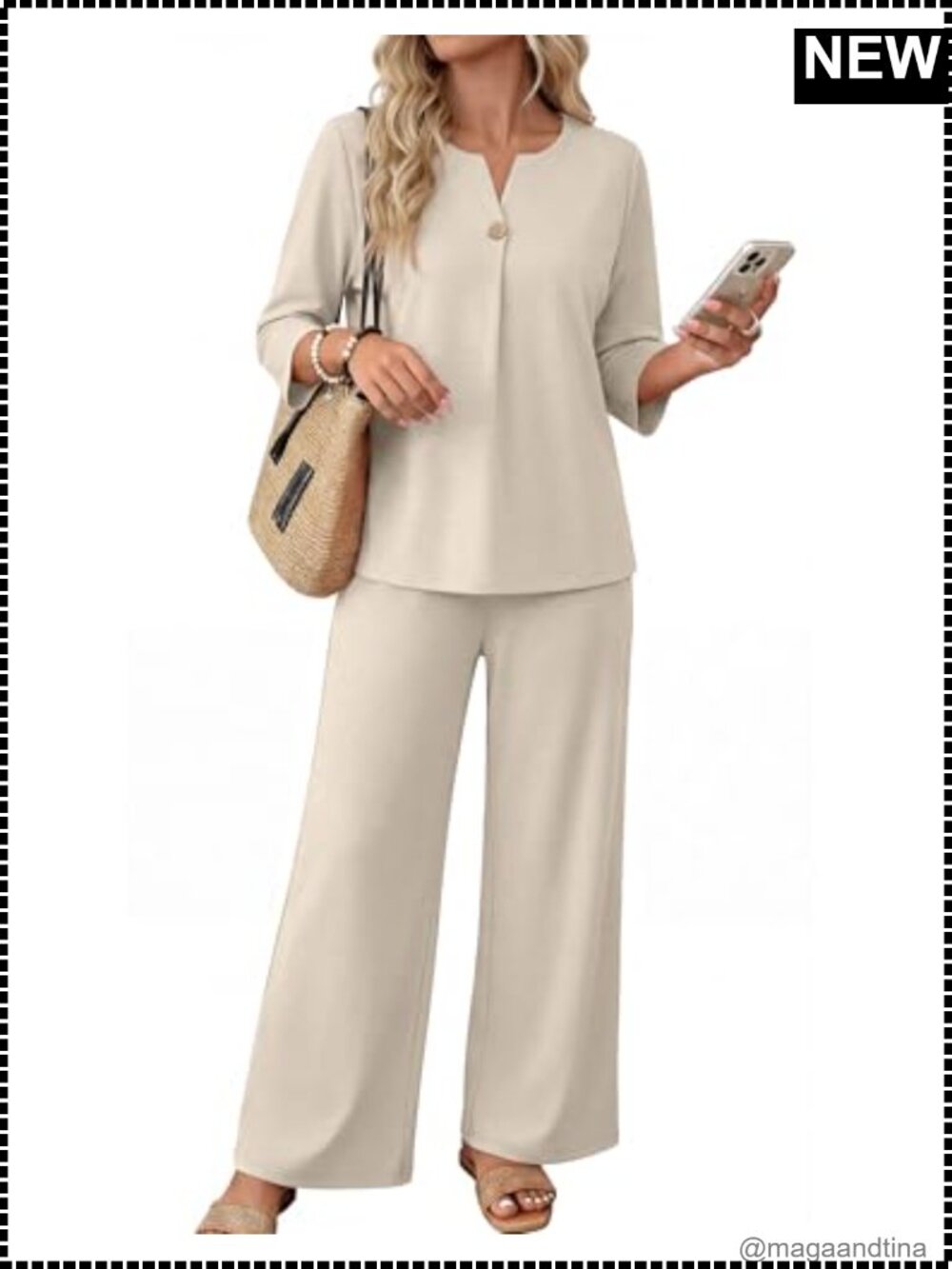 WIHOLL Two Piece Lounge Set 3/4 Sleeve Wide Leg Pants Travel Outfit